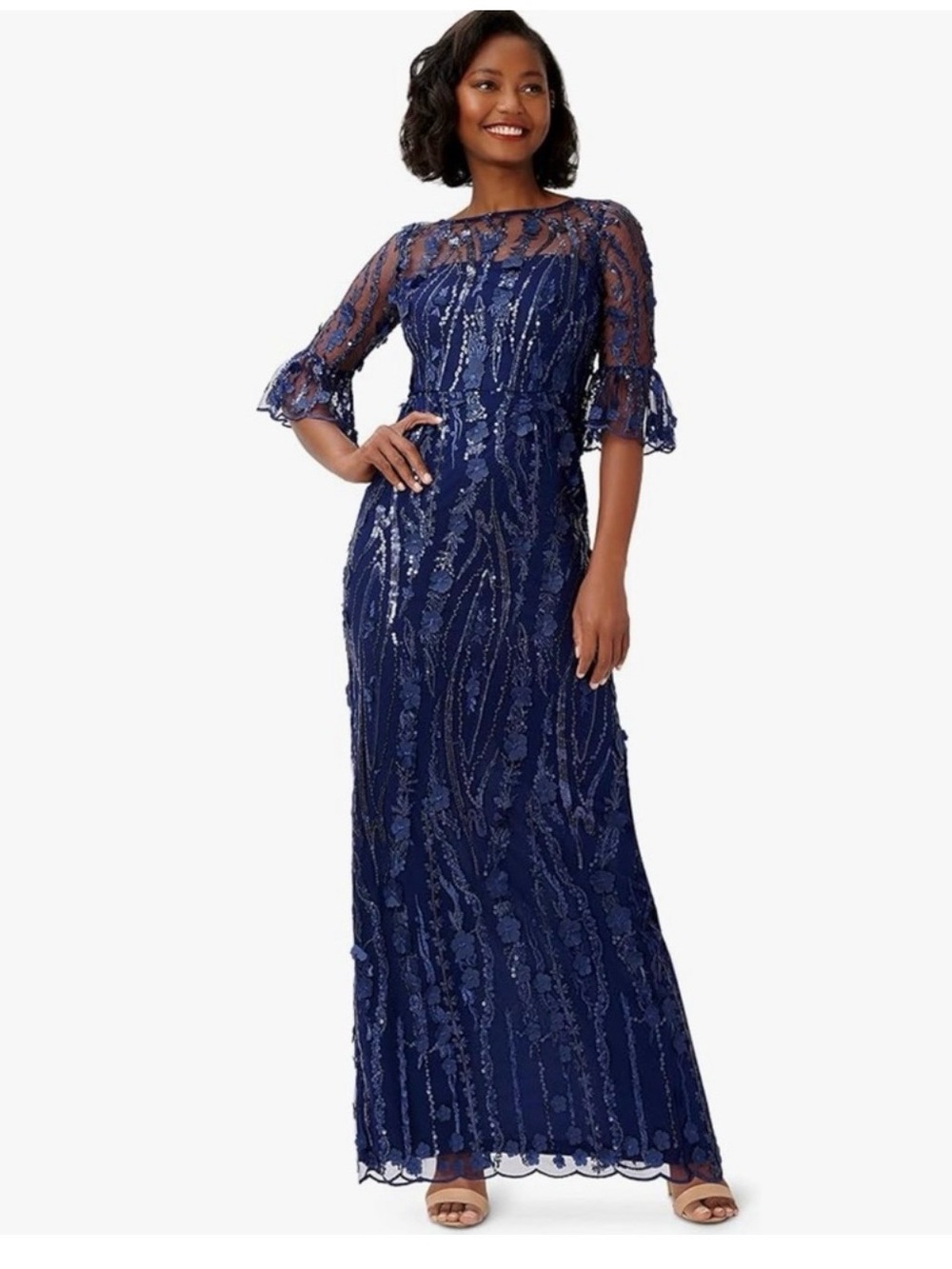 Adrianna Papell Navy 3D Floral Beaded Sequined Illusion Neck Maxi Dress 14 NWT